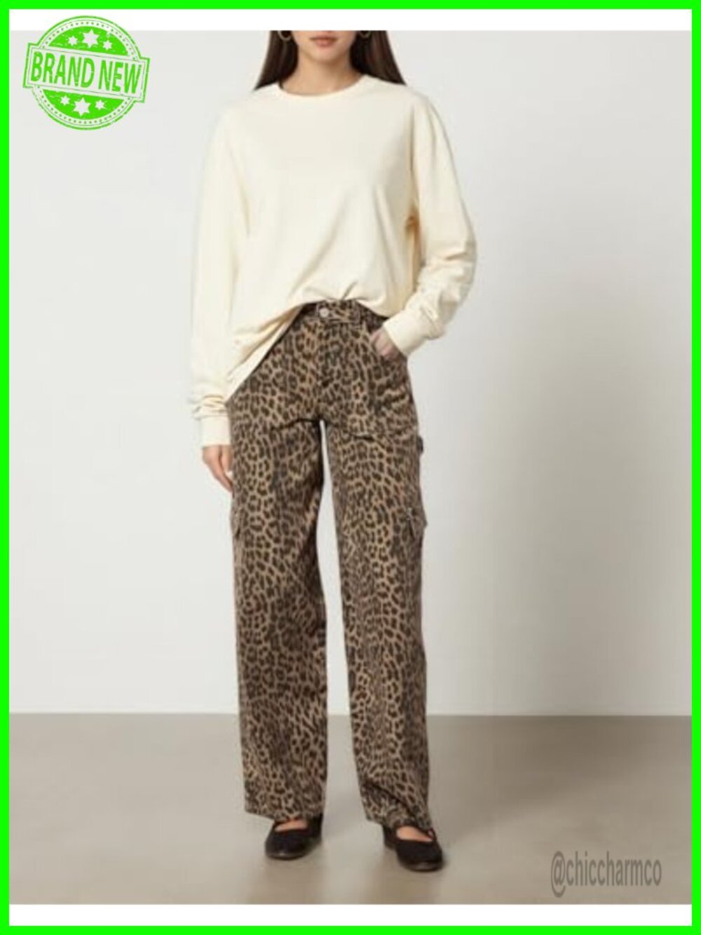 Women's Leopard Print Baggy Cargo Jeans Y2K Straight Leg Pants with Pockets - Picture 5 of 7